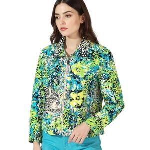 City Girl Floral Leopard Print Blazer Women's L Multicolor Lined Full Zip Jacket